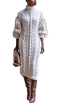 JEKYUARA Women's Cable Knit Sweater Midi Dress Turtleneck